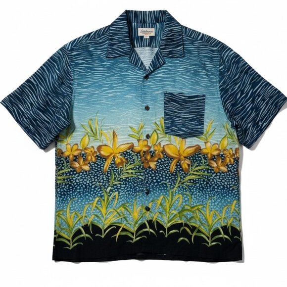 Tulliano Men’s 100% Silk Hawaiian Shirt Size Large – Blue Yellow Orchid Floral - Picture 1 of 8